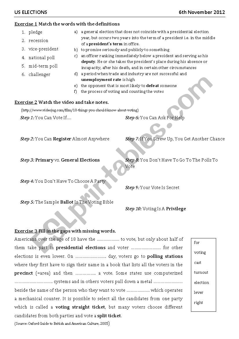 US elections 2012 worksheet