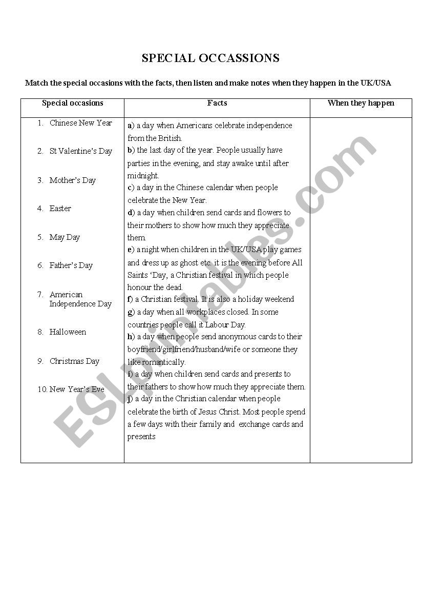 Special occasions worksheet