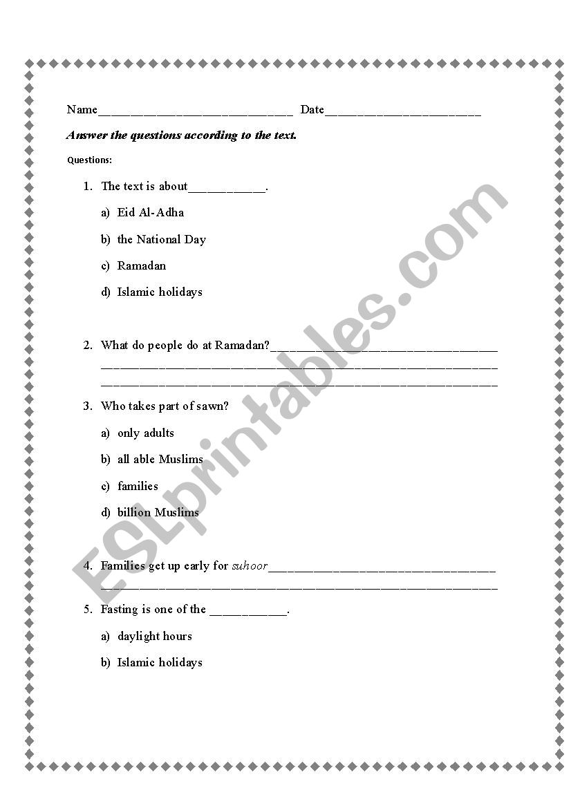 Reading comprehension test worksheet