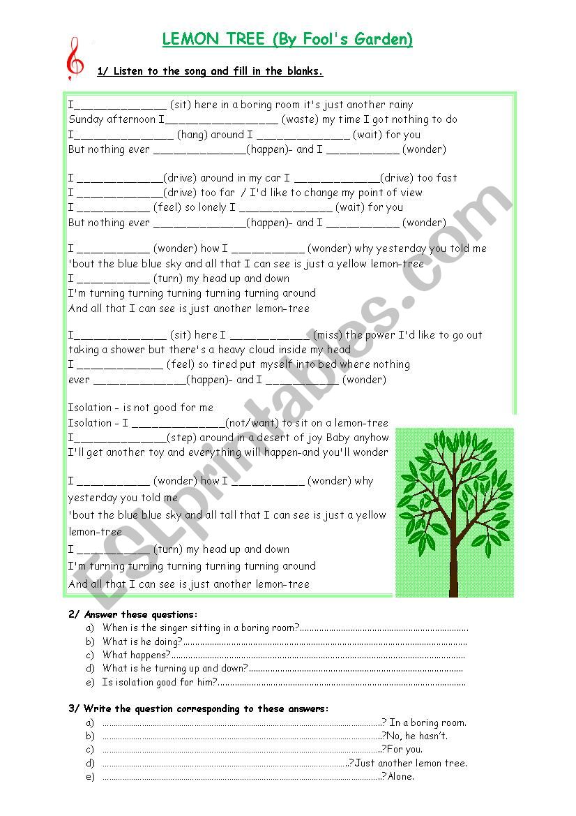 Lemon Tree (Fools Garden) worksheet