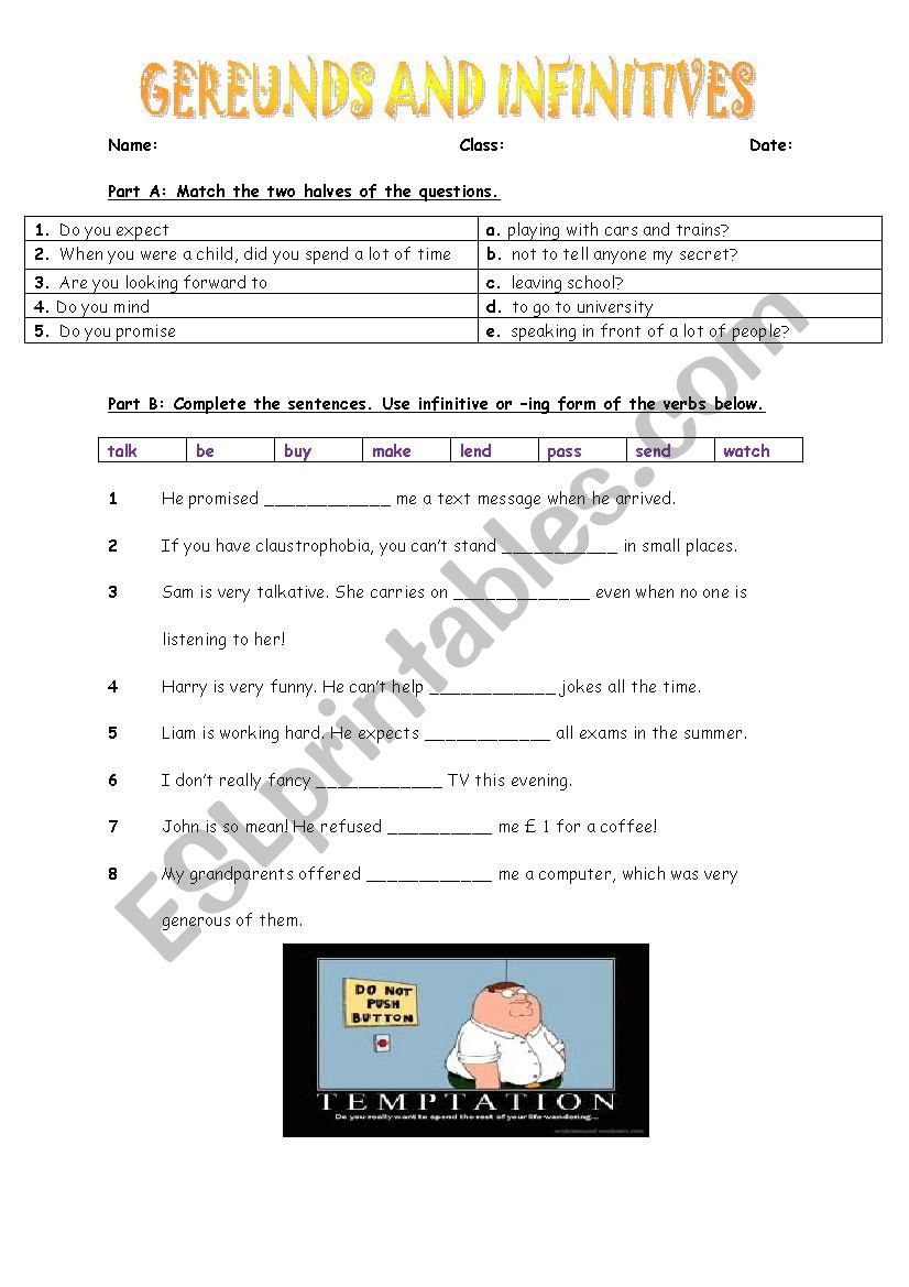 Gerunds and Infinitives worksheet