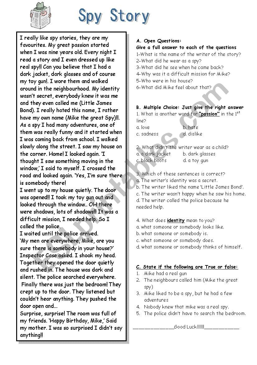 Spy Story worksheet