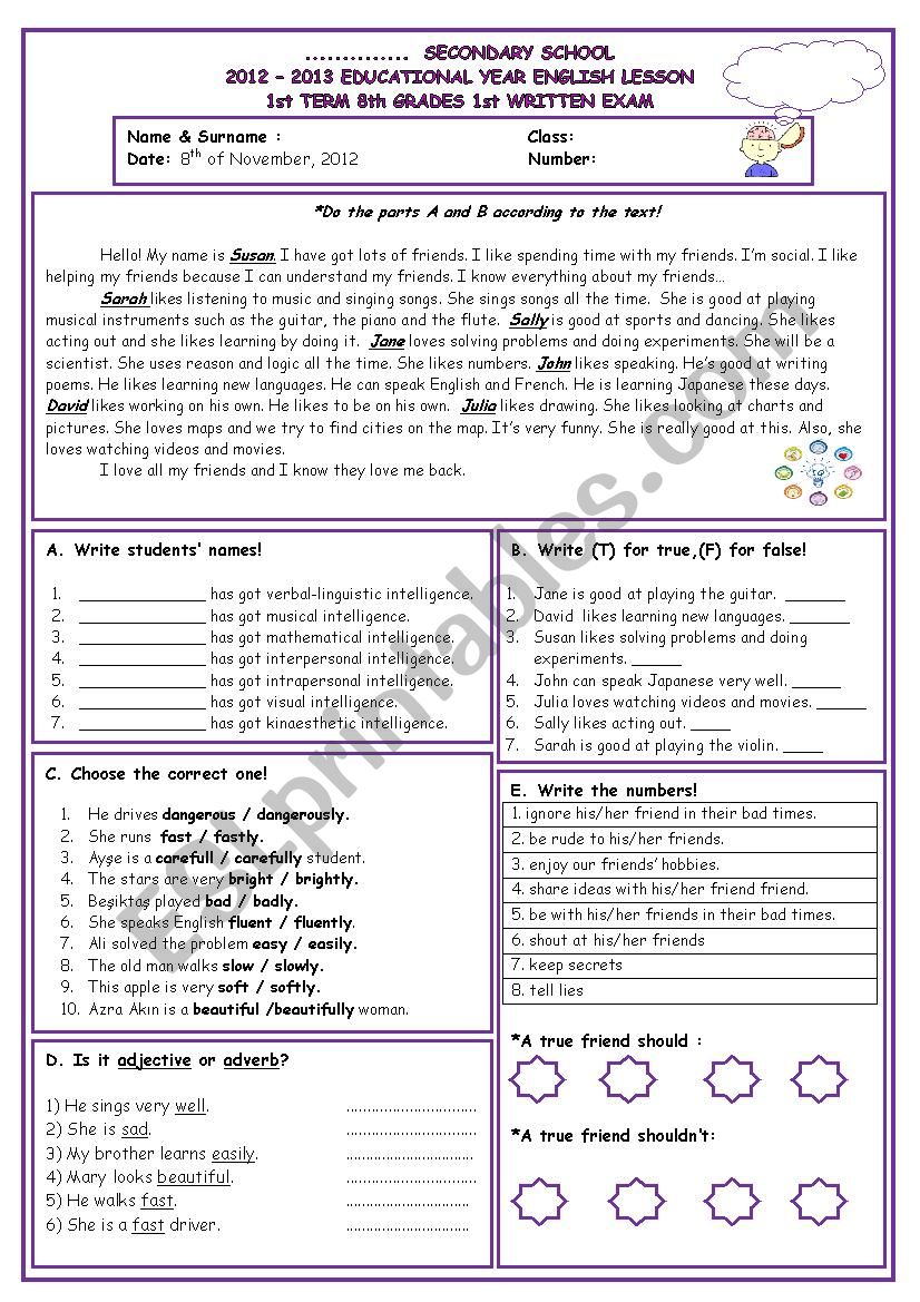 8th grades 1st term 1st exam  worksheet