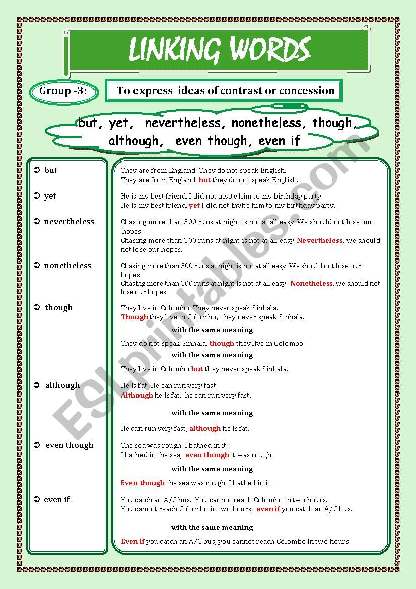 LINKING WORDS (Conjunctions + Adverbs) Page - 03