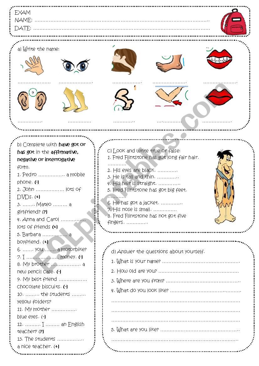 Exam (bodyparts) worksheet
