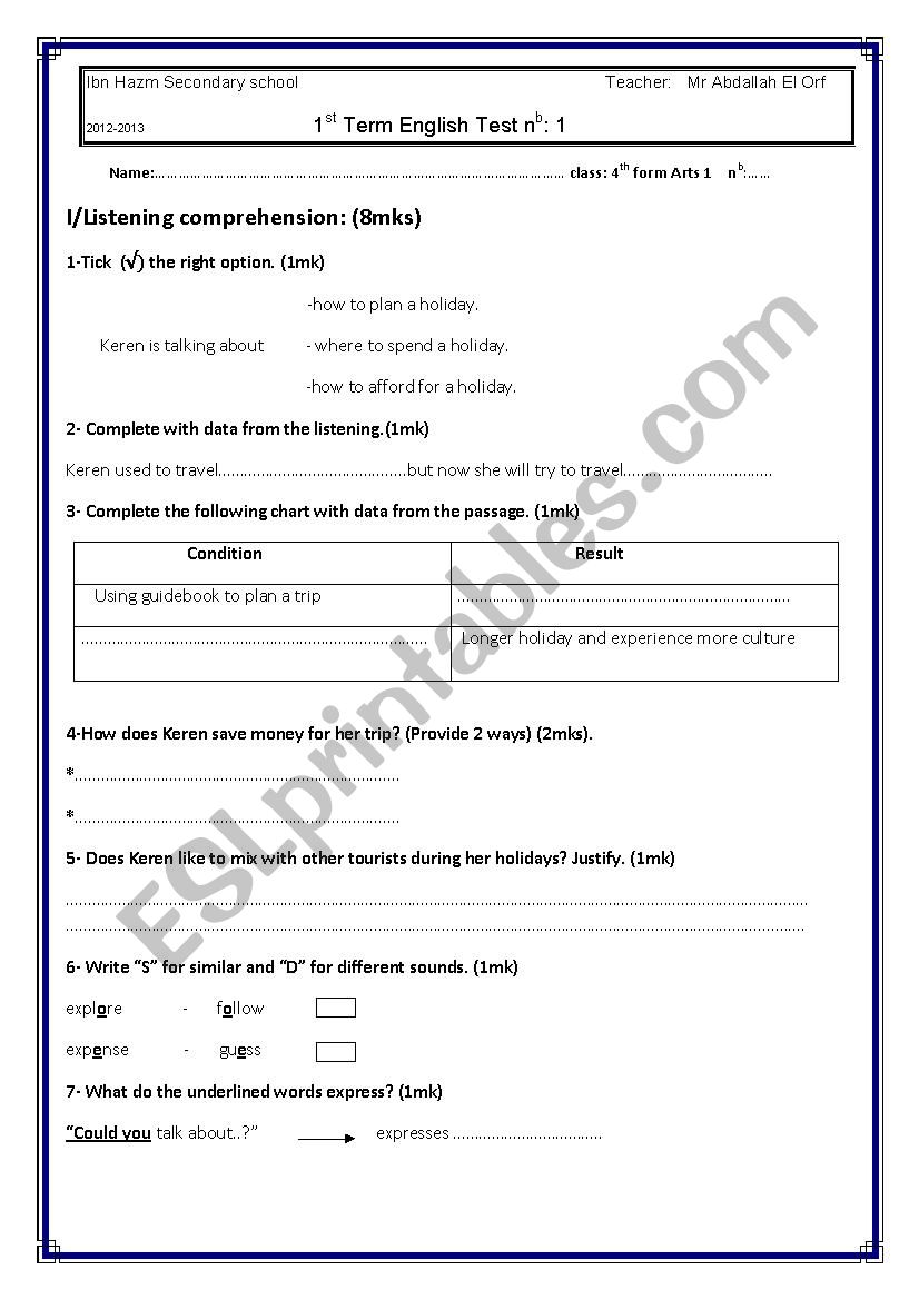 4th form Arts Mid-term Test 1 worksheet