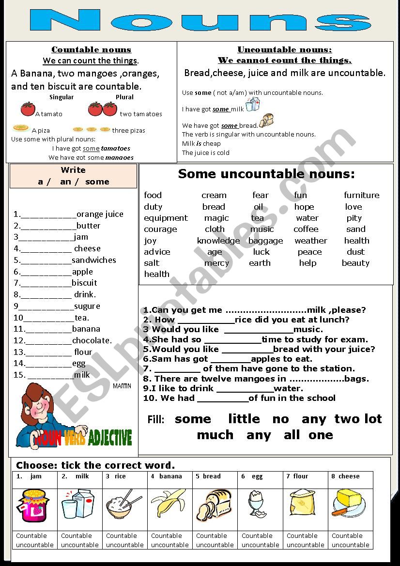 Countable And Uncountable Nouns Worksheet For Class 2 With Answers