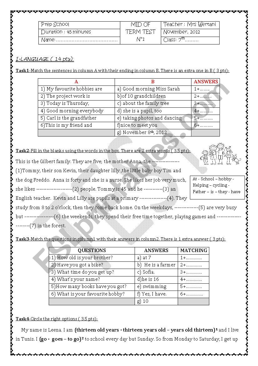 MID OF TERM TEST 1 for the 7thform