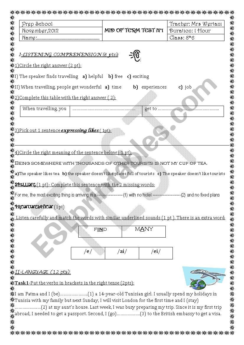 MID OF TERM TEST 1 for the 8th form