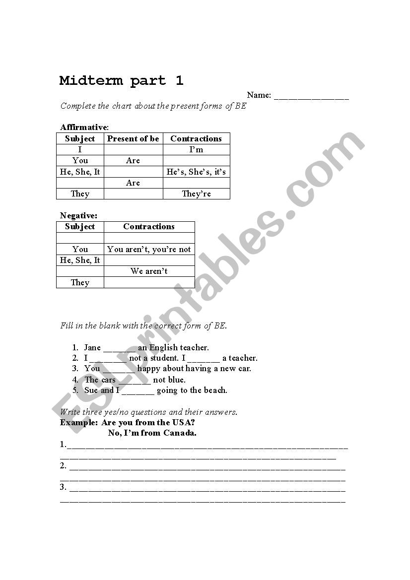 Present and Past of Be worksheet