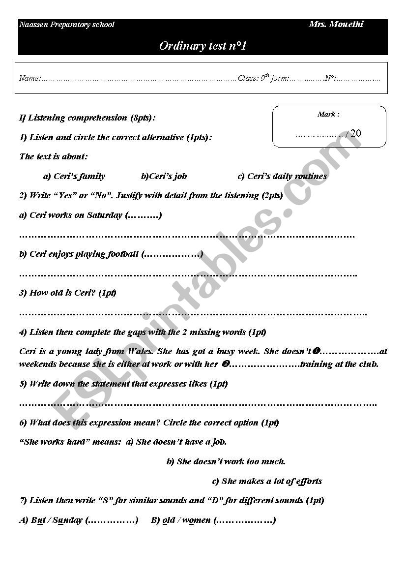 Nineth year ordinary test 1 worksheet