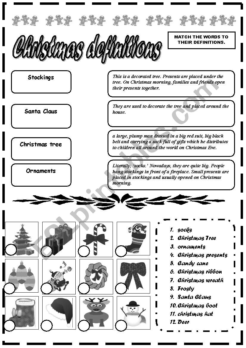 christmas - definitions worksheet