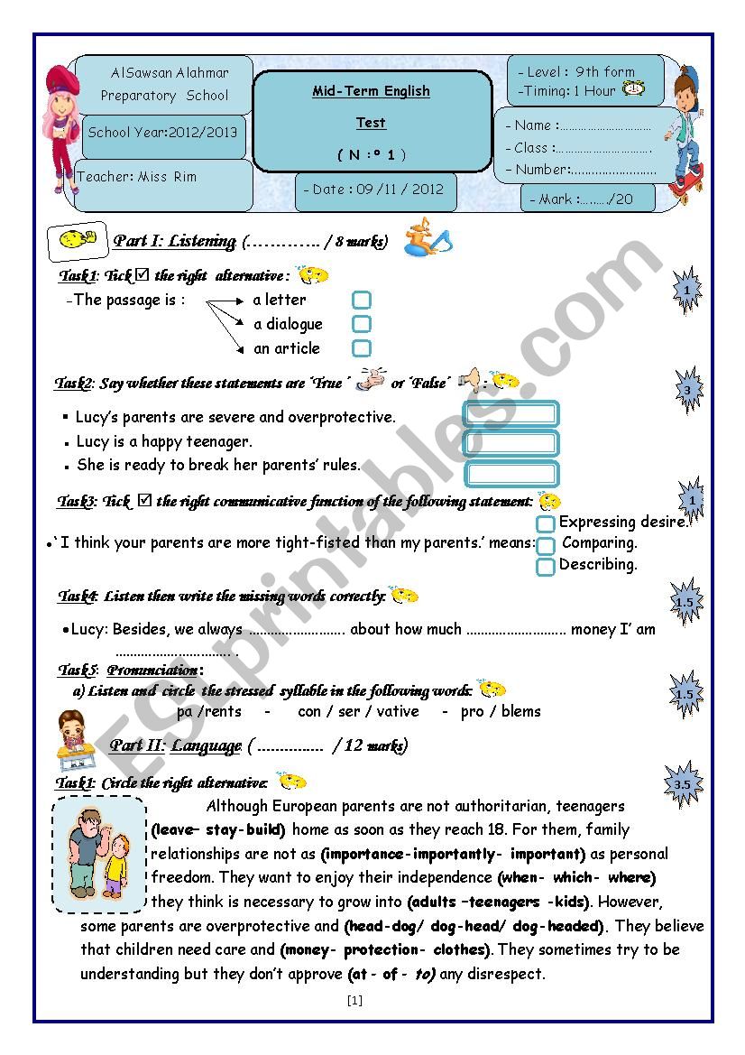 9 Th Form Mid-Term English Test (Term 1)