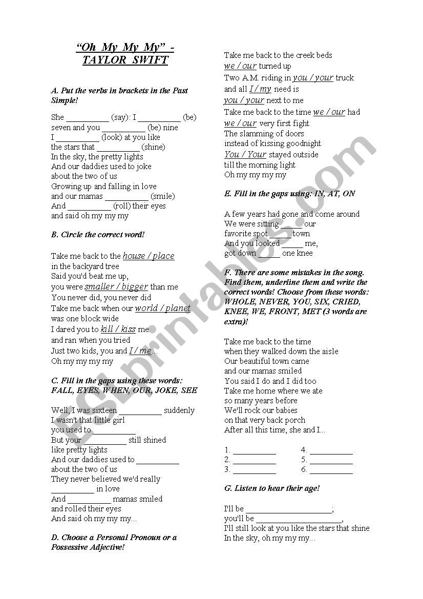 Oh My My My - Taylor Swift worksheet