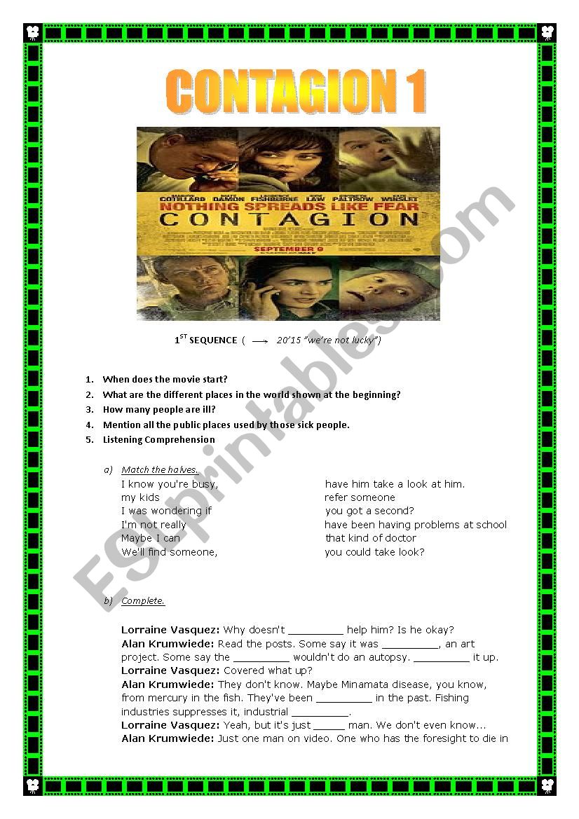CONTAGION MOVIE SEQUENCE 1 (+ keys) (4 pages) ESL worksheet by sophia0806