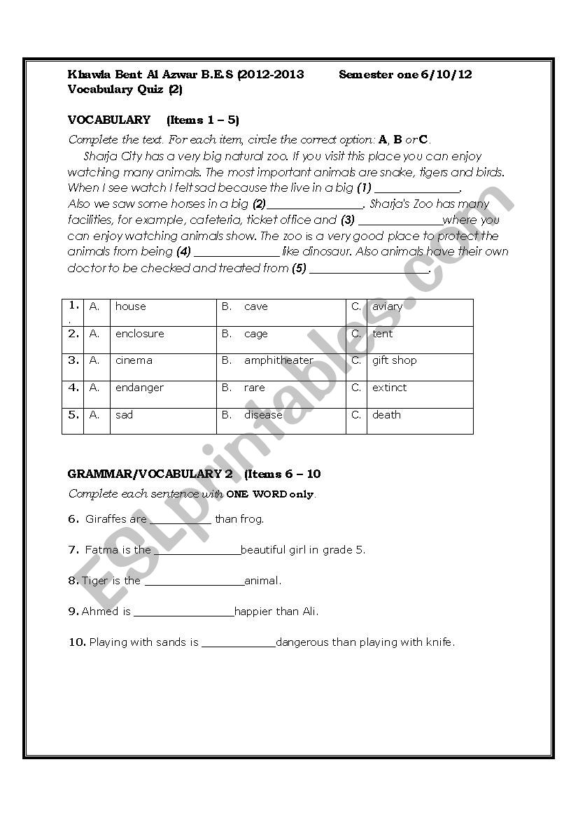 Vocabulary Quiz worksheet