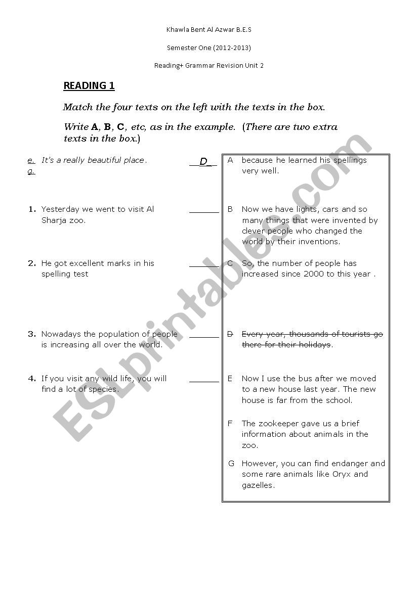 Reading + Vocabulary+ Grammar worksheet