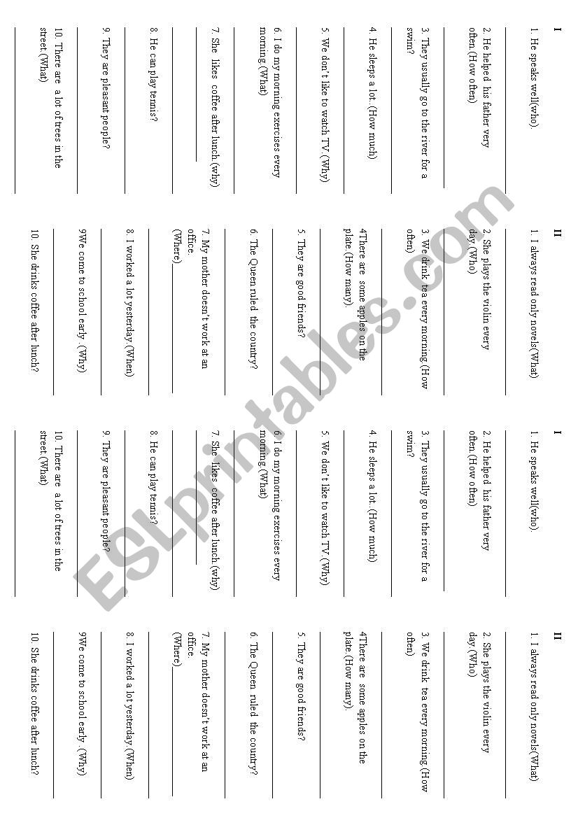 simple tense / questions worksheet