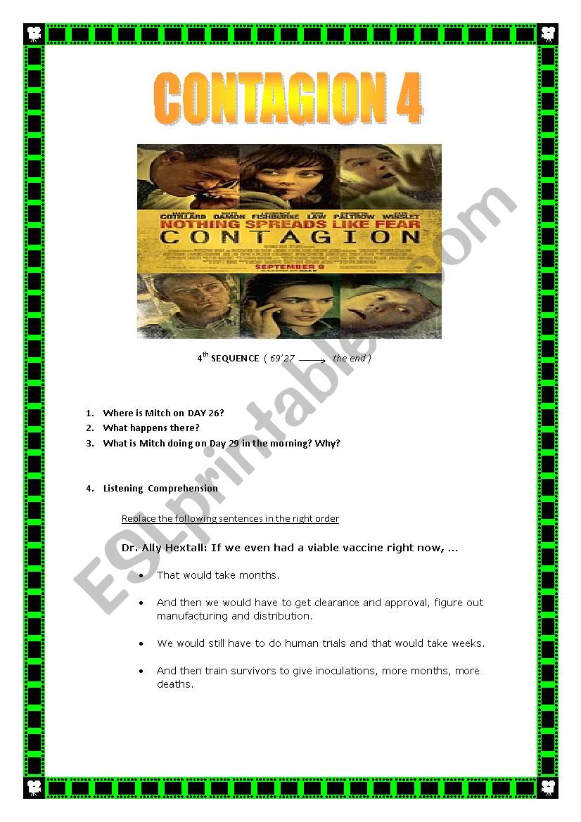 CONTAGION MOVIE SEQUENCE 4 (+ Keys) (4pages) ESL worksheet by sophia0806