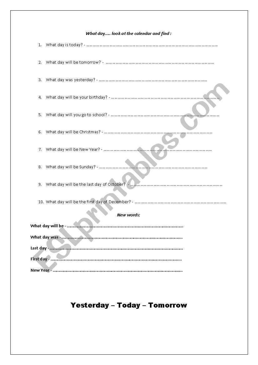 Days - questions worksheet