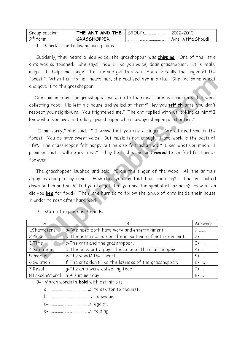 group session 9th grade worksheet