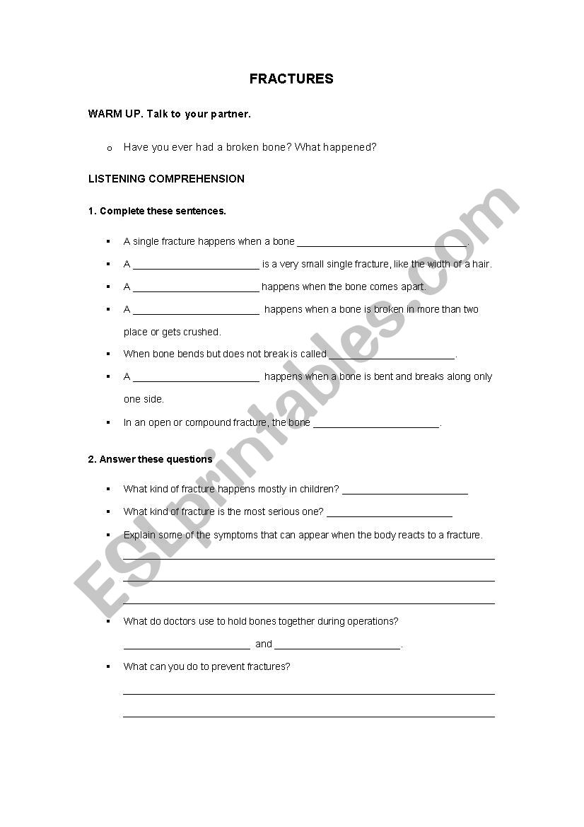 LISTENING. FRACTURES worksheet