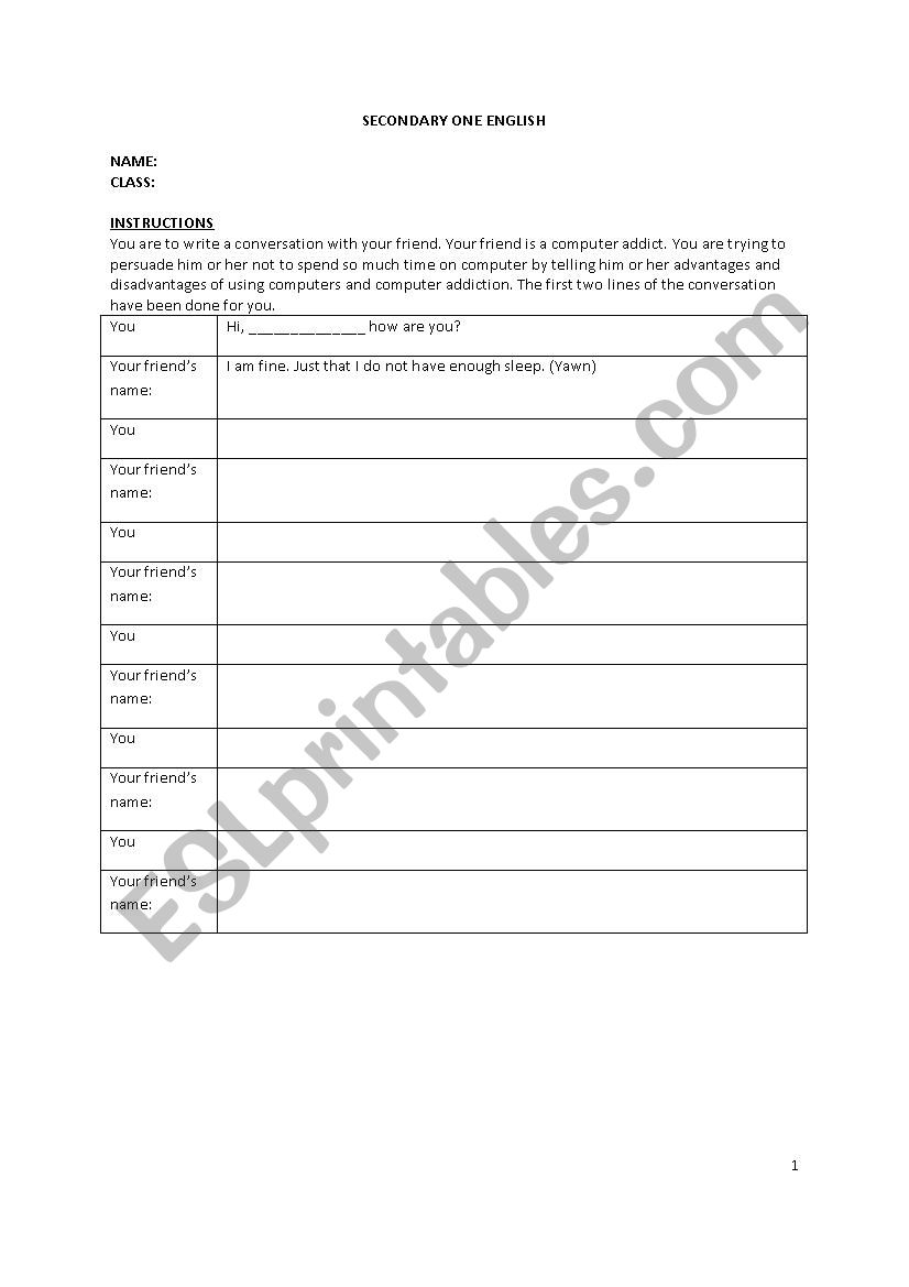 Template for students to write a conversation dialogue