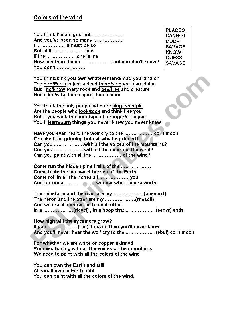 Song: Colors of the wind worksheet
