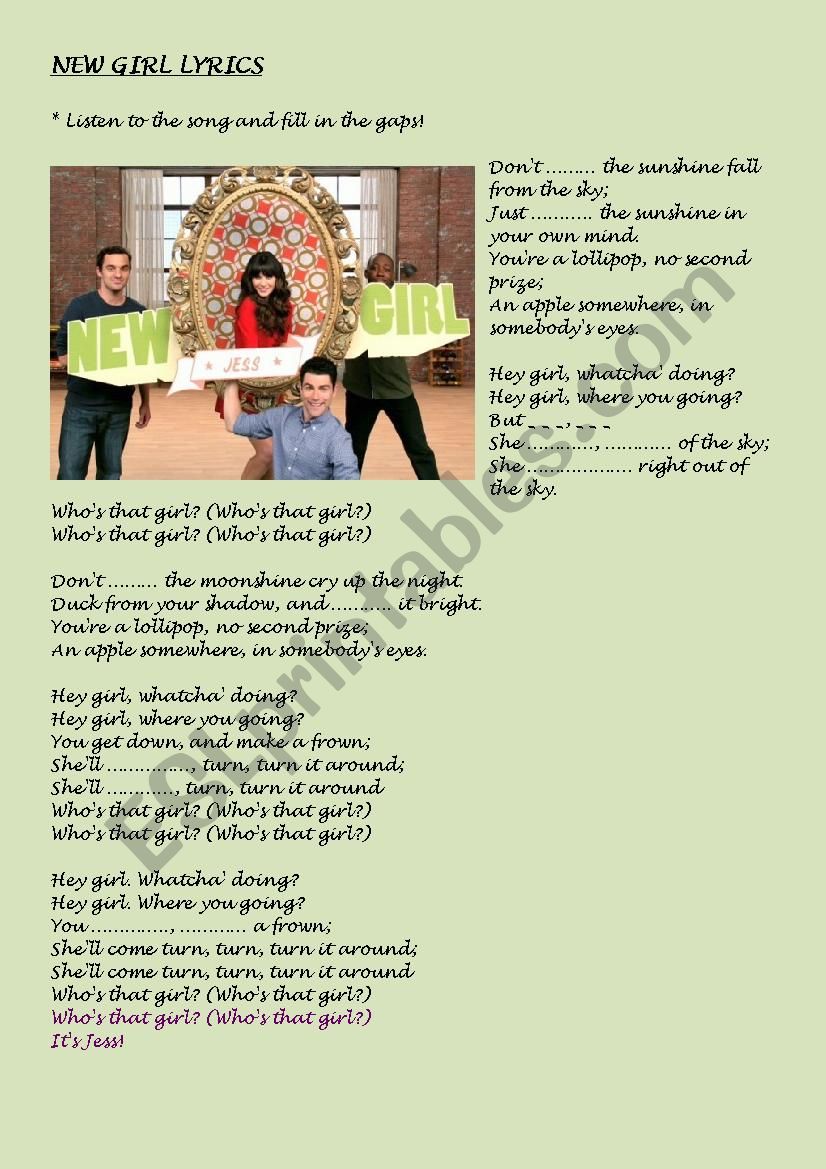 Lyrics - NEW GIRL worksheet