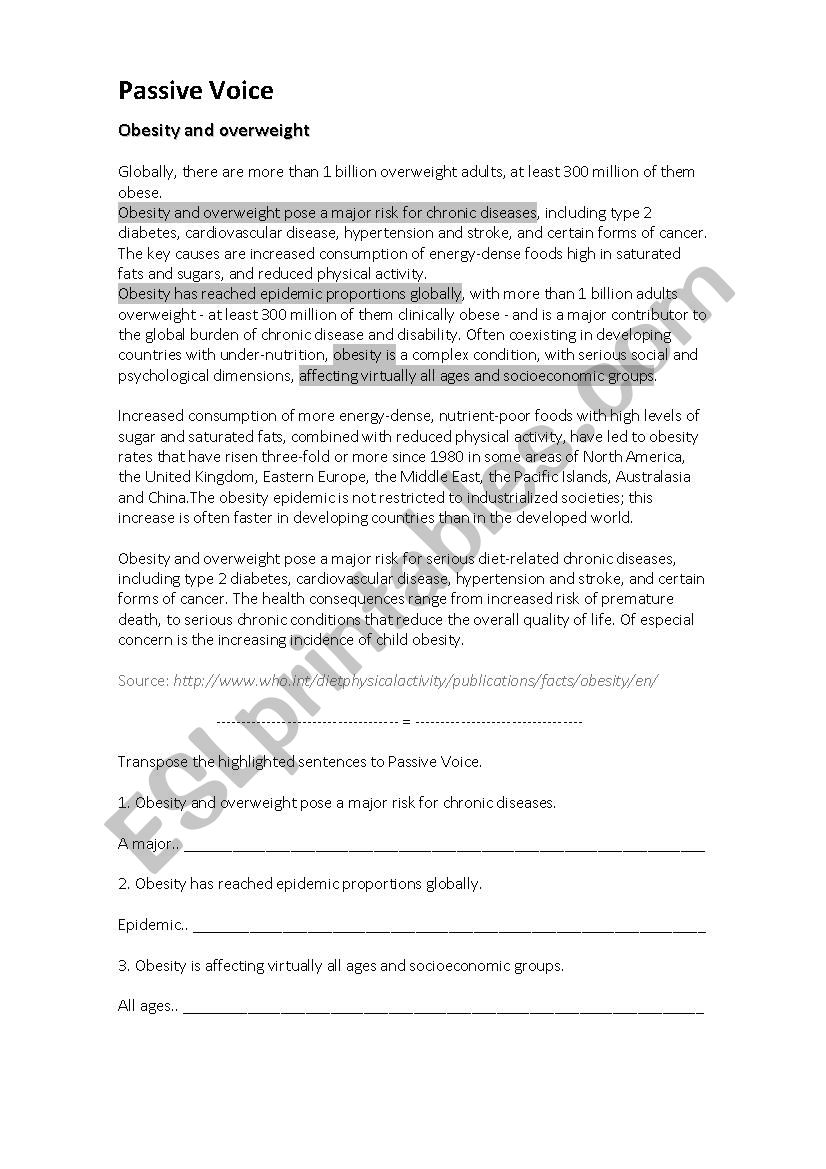 Passive voice - obesity worksheet