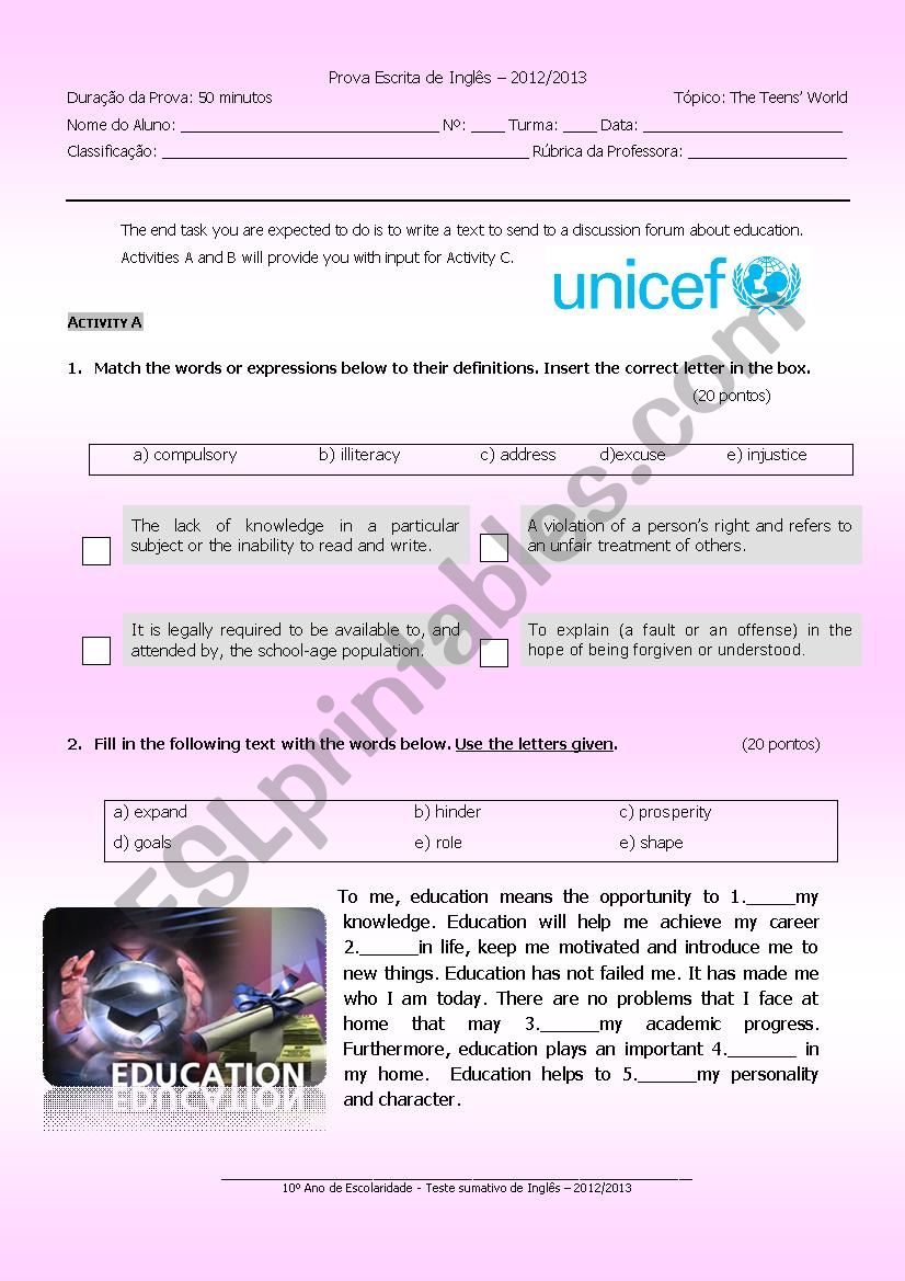 English test 10thgrades worksheet