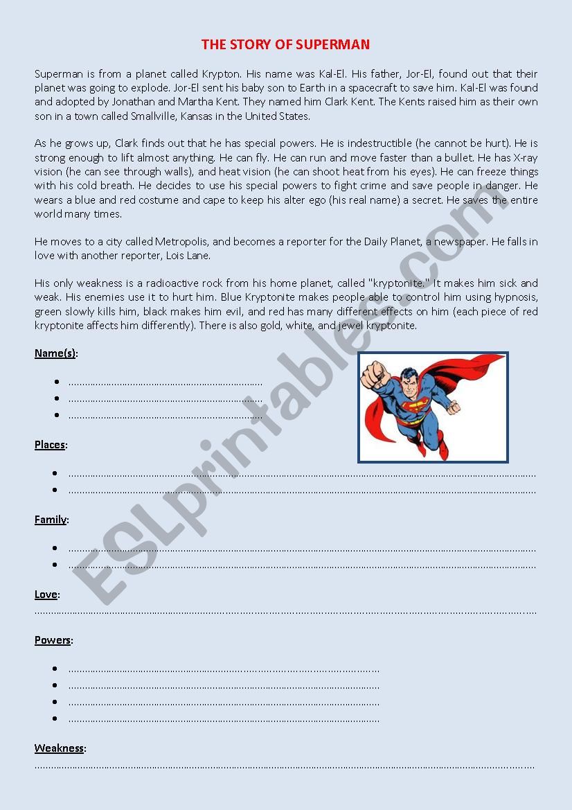 The story of Superman worksheet