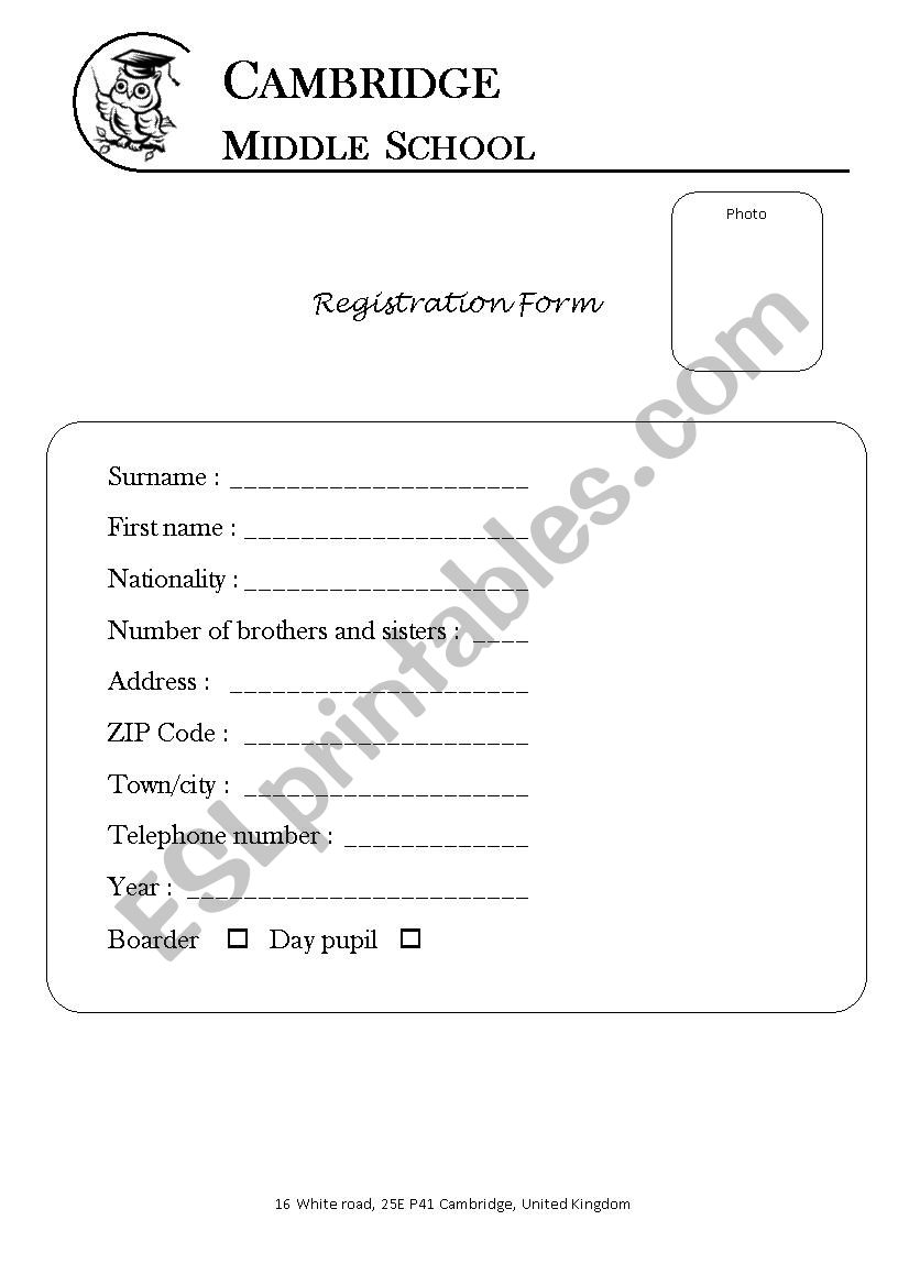 School Registration Form  worksheet