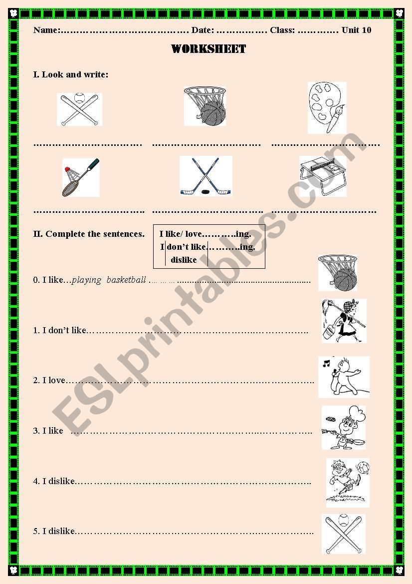 hobbies worksheet