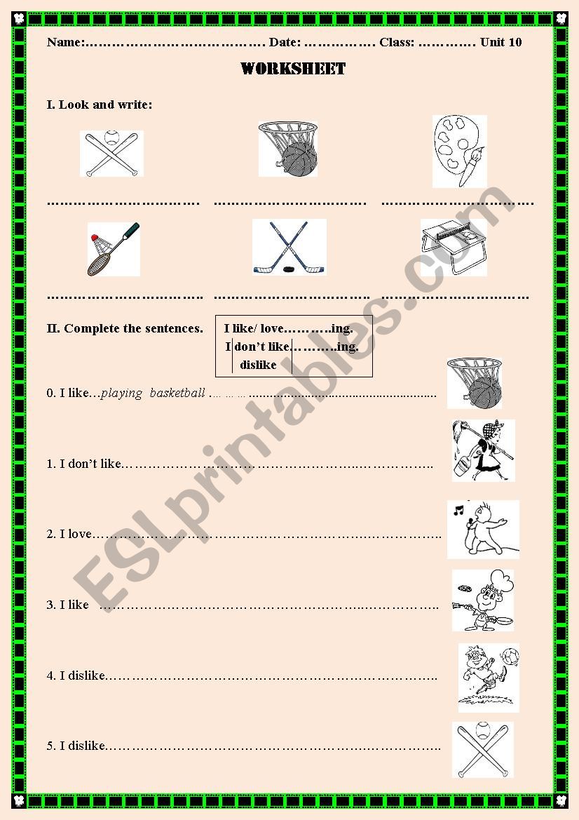 hobbies worksheet