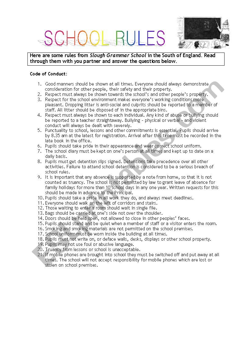 Discussing school rules worksheet