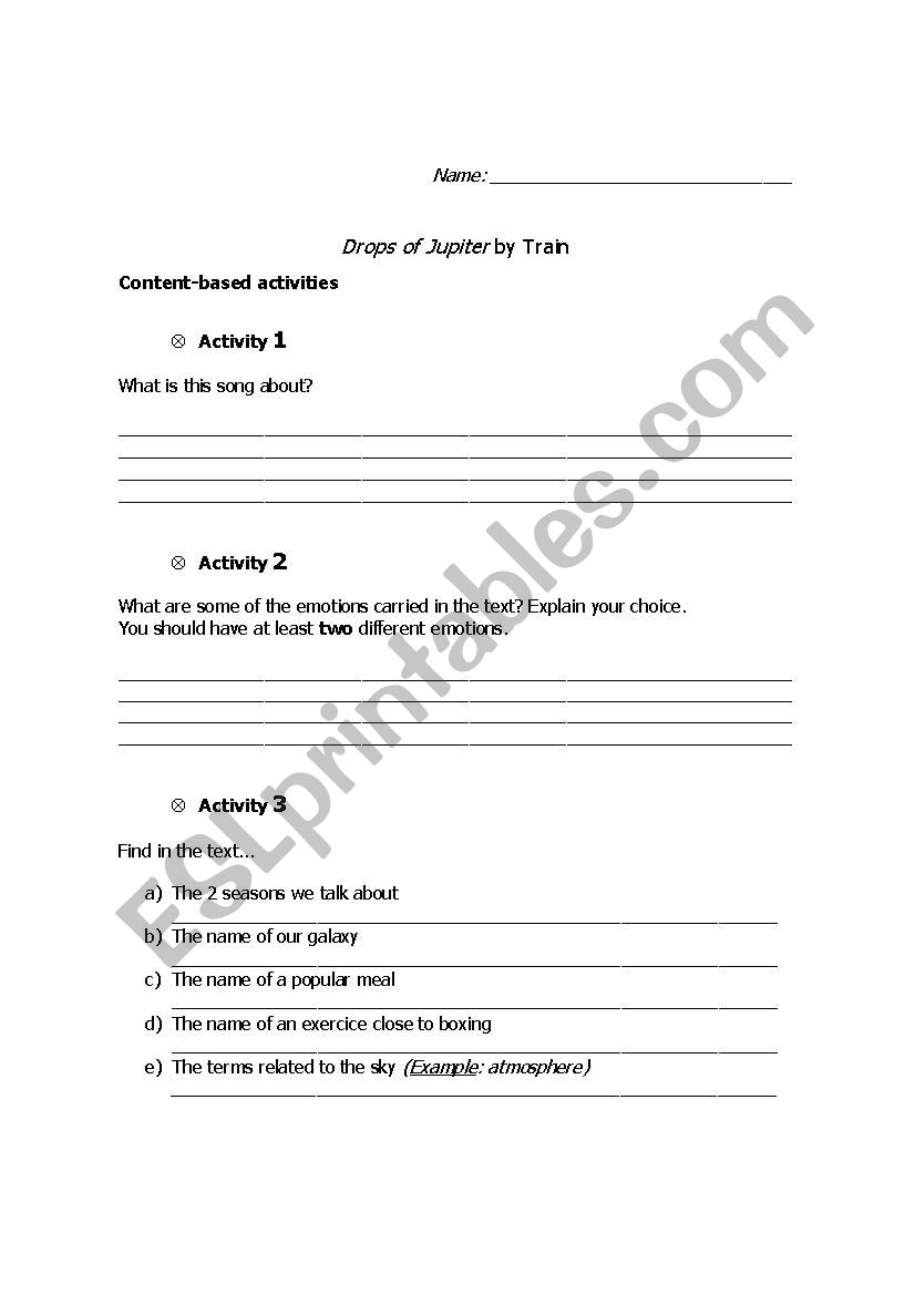 Drops of Jupiter worksheet
