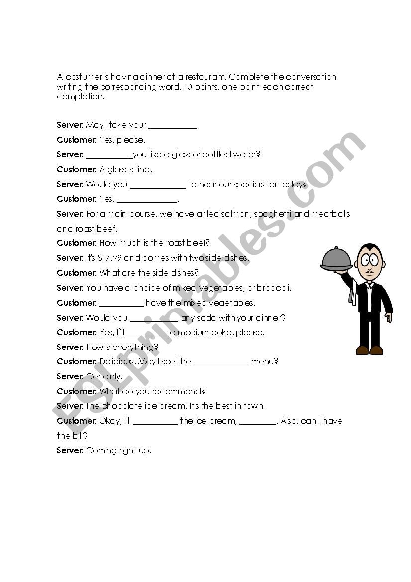 converstation at a restaurant worksheet