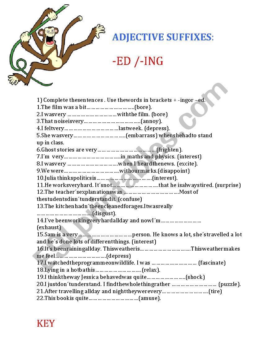 -ED, -ING  adjective suffixes worksheet