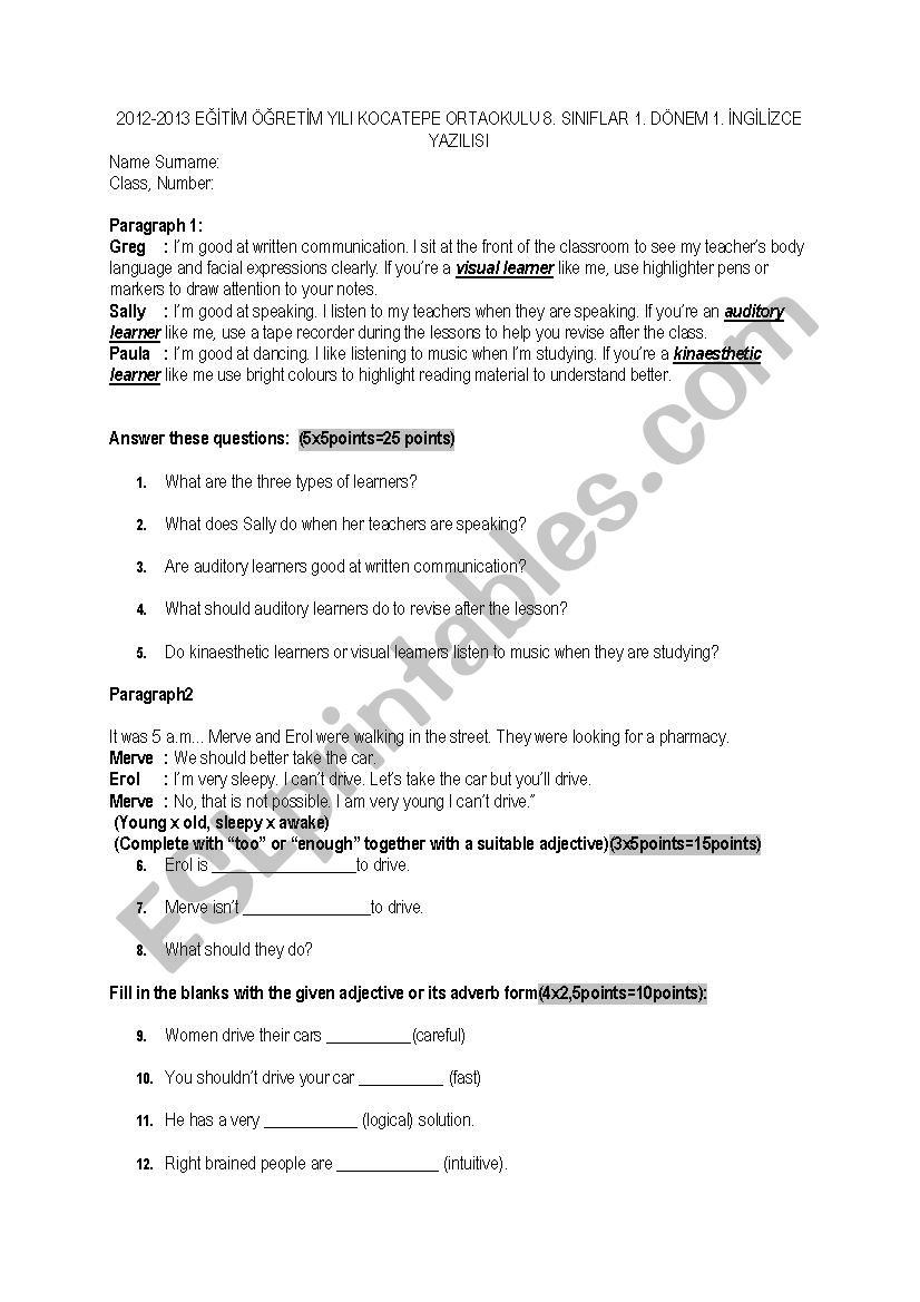 8th grade exam worksheet