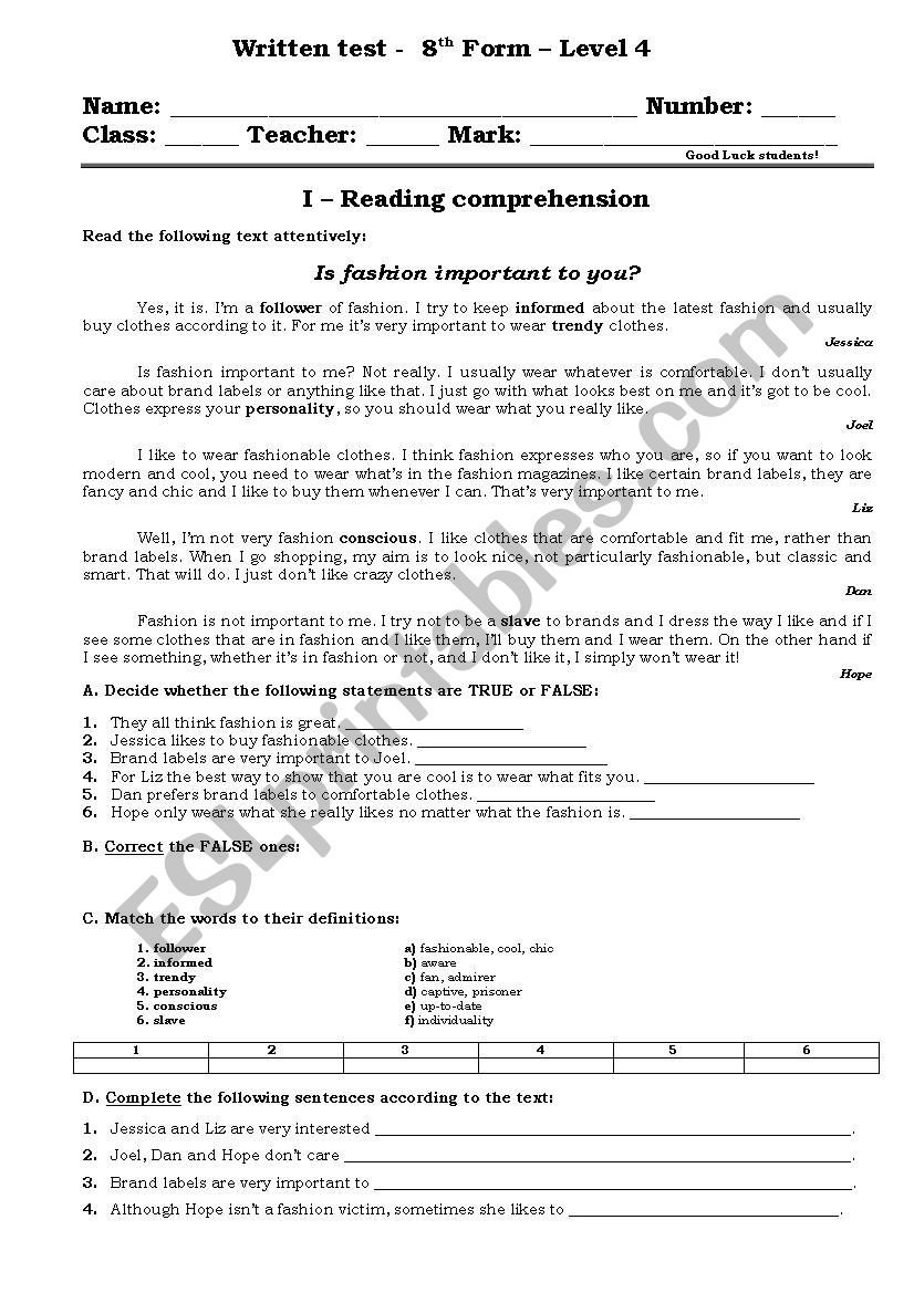 written test worksheet