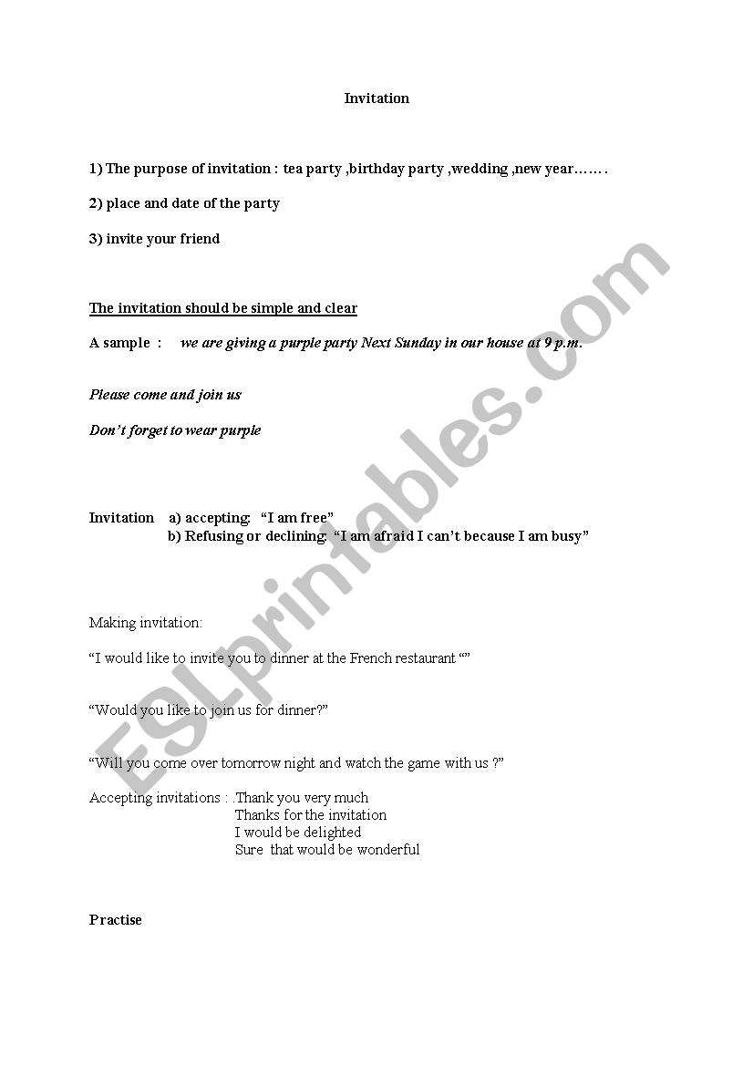 lesson on invitation  worksheet