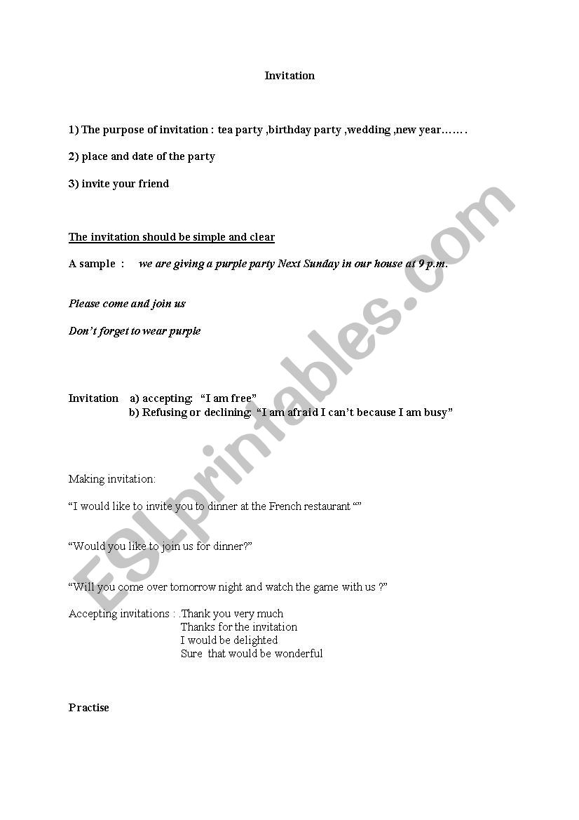 lesson on invitation  worksheet