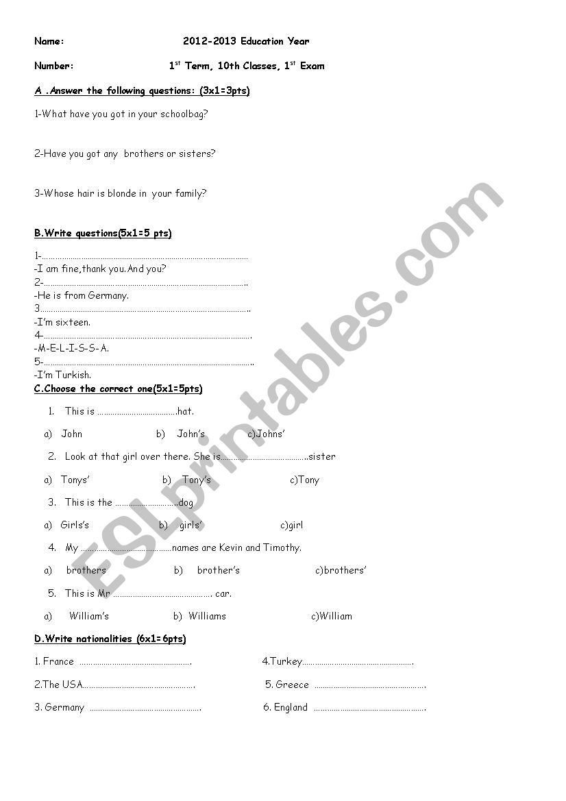 10 th class exam worksheet