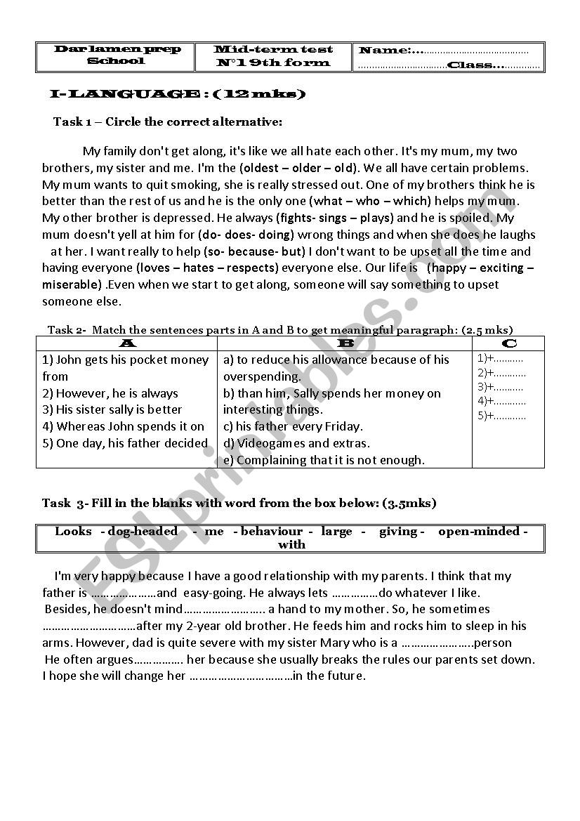 mid-term test 1 9th form worksheet