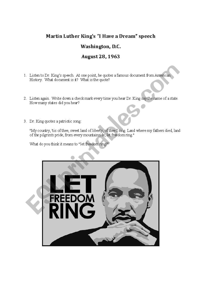 Martin Luther King’s “I Have a Dream” speech - ESL worksheet by isabeau13