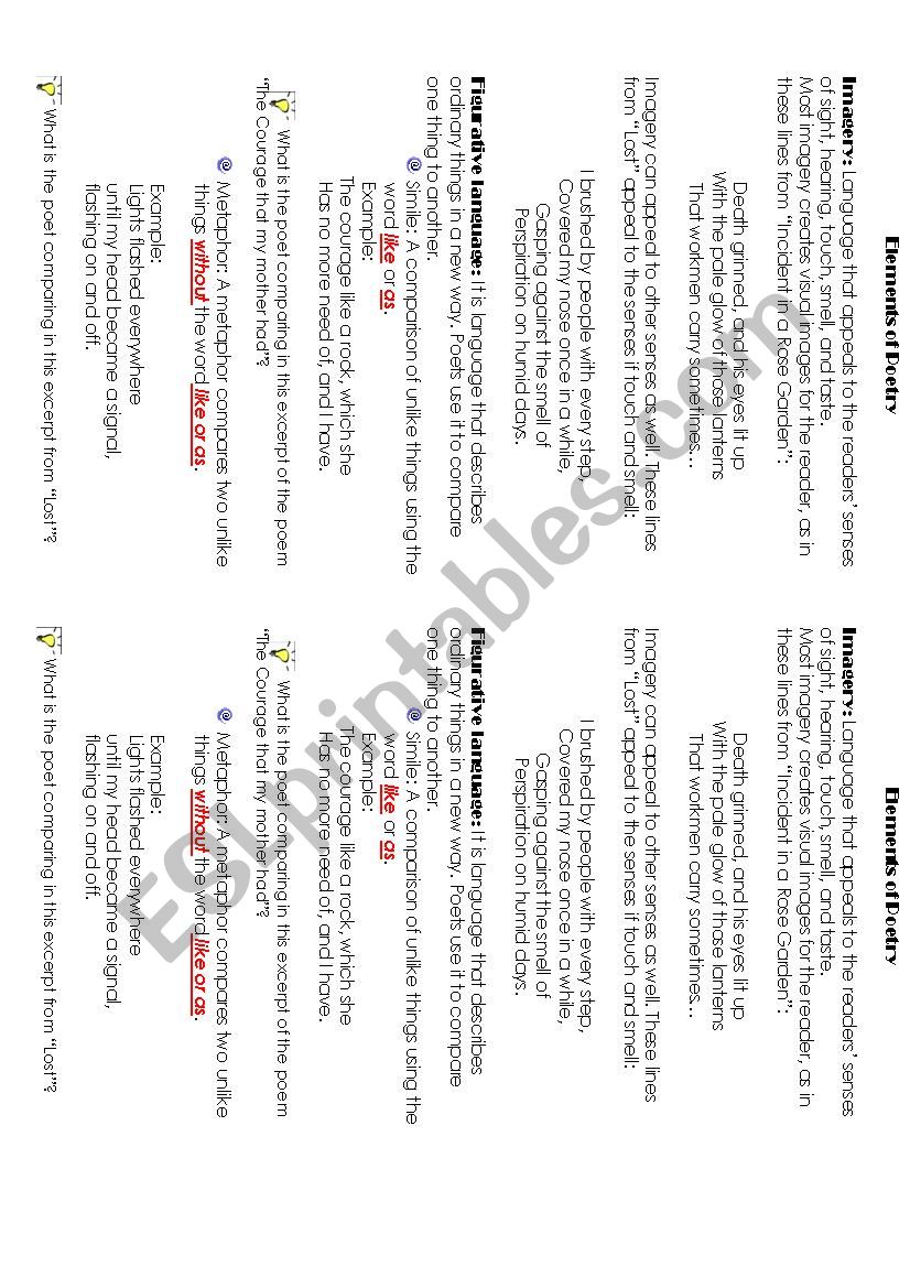 Elements of Poetry - ESL worksheet by mreth25 Inside Elements Of Poetry Worksheet