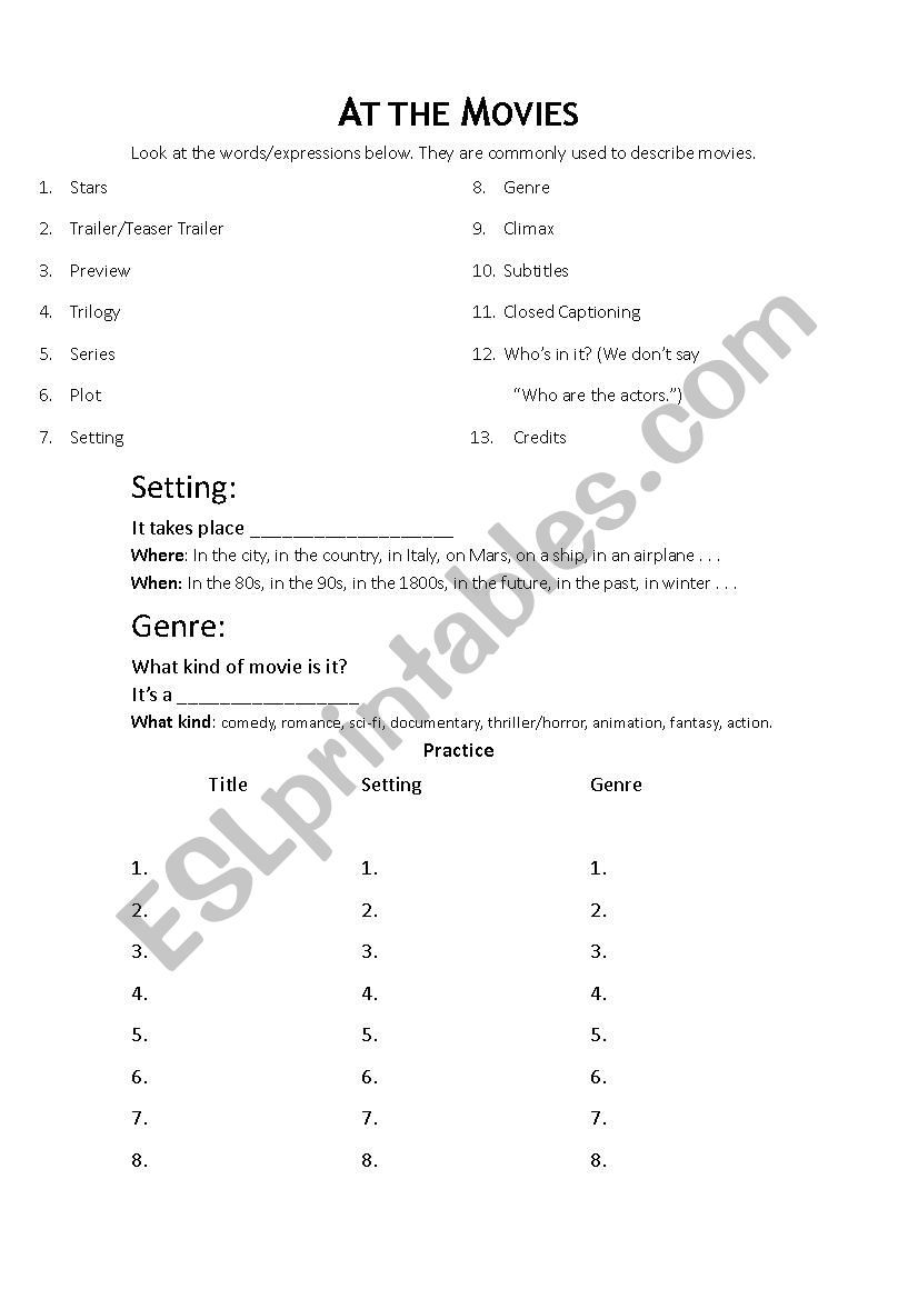 At The Movies worksheet