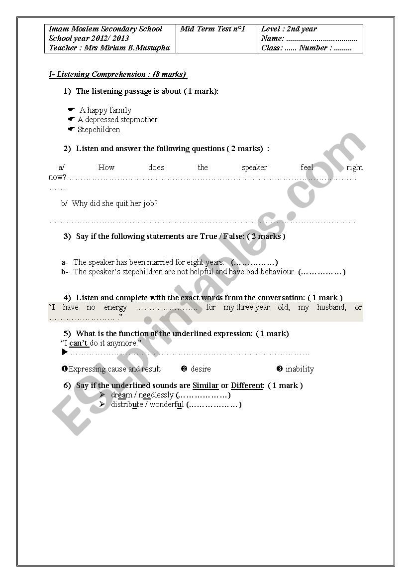 test worksheet