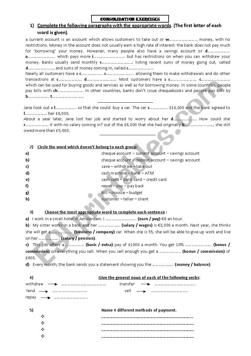 banks, pay and benefits (consolidation exercises)